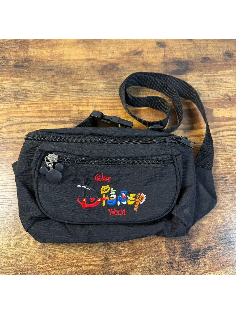 Vintage 90s Walt Disney World Fanny Pack Black Mickey Ears Zipper Pulls